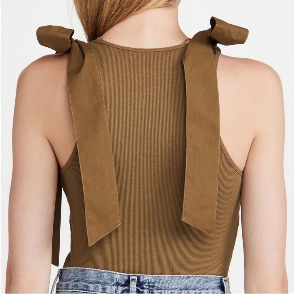 ULLA JOHNSON Bailey Tank olive Green Shoulder Tie Ribbed Top Womens XL - Picture 2 of 7